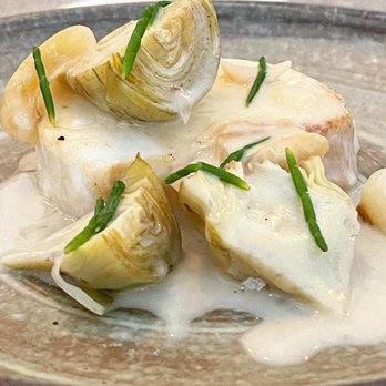 River Twice - Wild halibut with babv artichokes. cipollini, seaweed butter & sea  beans - New American Near Me - Philadelphia, Pennsylvania