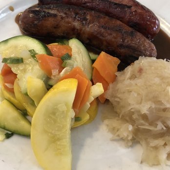 Waldhorn Restaurant - Lunch plate: sausages, veggie mix, and sauerkraut - German Near Me - Pineville, North Carolina