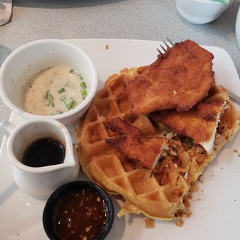 Silver Diner - Pickle brined fried chicken and pecan waffle. Couldn't resist digging in before taking the picture, sorry folks. - Diners Near Me - Cherry Hill, New Jersey Silver Diner - Pickle brined fried chicken and pecan waffle. Couldn't resist digging in before taking the picture, sorry folks. - Diners Near Me - Cherry Hill, New Jersey