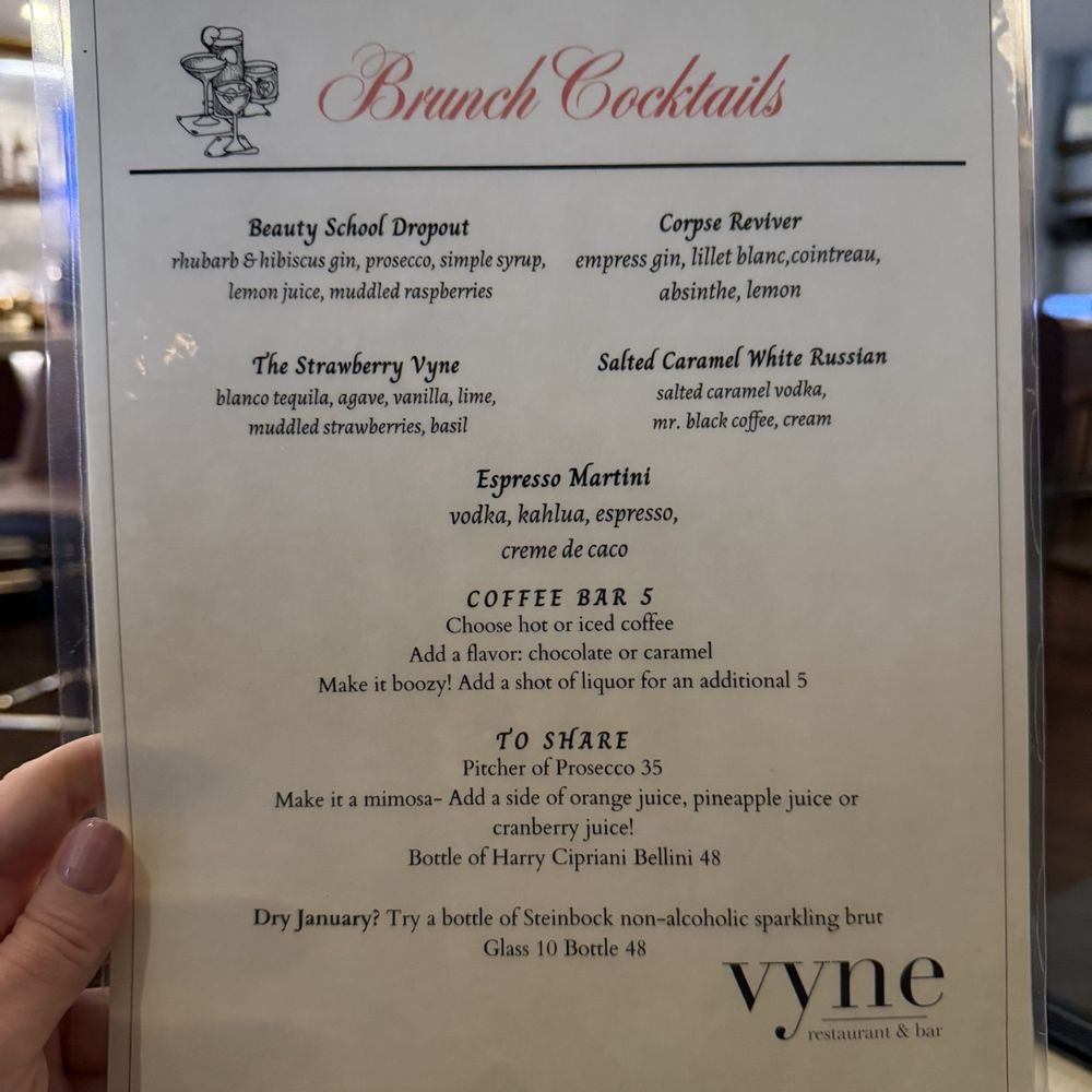 Vyne Restaurant & Bar - Brunch cocktail menu - American Near Me - Middlebury, Connecticut Vyne Restaurant & Bar - Brunch cocktail menu - American Near Me - Middlebury, Connecticut
