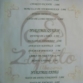 Casa Zapato - Carta de quesos, chacinas y panes - Spanish Near Me - Seville, SE