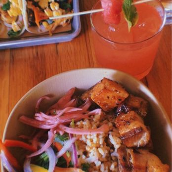 Bartaco Chastain Park - Glazed Pork belly rice bowl, Chili Lime - Shrimp tacos, and Sesame ribeye tacos. (The original tacos do not include corn). - Mexican Near Me - Atlanta, Georgia