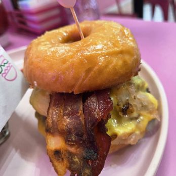 Pink Cafe - Donut Double Bacon Cheeseburger was delicious! - Breakfast & Brunch Near Me - Miami Beach, Florida