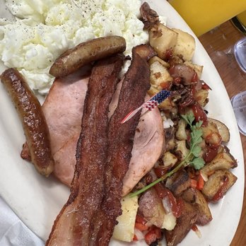 Gold Miner Cafe - Low-carb breakfast - 2 bacon strips, 2 sausage links, 2 ham slices, scrambled egg whites, and home fried potatoes - American Near Me - Folsom, California Gold Miner Cafe - Low-carb breakfast - 2 bacon strips, 2 sausage links, 2 ham slices, scrambled egg whites, and home fried potatoes - American Near Me - Folsom, California