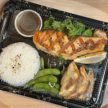Teppan Tora - Salmon Teriyaki Bento Box which includes salad, mixed tempura, and miso soup (not shown) - Teppanyaki Near Me - Fresno, California