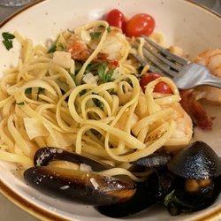 The Root Cellar Cafe - Seafood Scampi with fork to give an idea of size of serving portion.