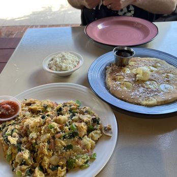 Eggs Etc - Veggie Mix scramble with banana pancake and side of cottage cheese - Breakfast & Brunch Near Me - Long Beach, California