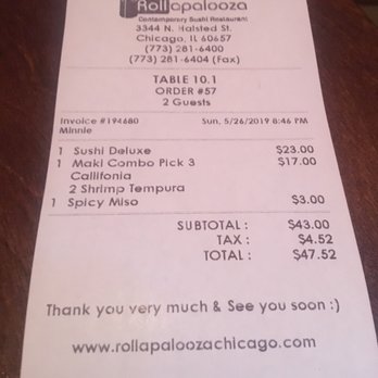 Rollapalooza - Tab for dinner - Sushi Bars Near Me - Chicago, Illinois Rollapalooza - Tab for dinner - Sushi Bars Near Me - Chicago, Illinois