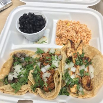 the Outpost Mexican Eatery - Combo Meal - 3 Steak Tacos,Rice & Beans (from left to right: steak, chorizo, chicken) - Mexican Near Me - Chicago, Illinois