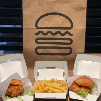 Shake Shack Parsippany atop The Hill - 2 Chick'n Shacks (~$6) and Crinkle-Cut Fries (~$4). - Fast Food Near Me - Parsippany, New Jersey Shake Shack Parsippany atop The Hill - 2 Chick'n Shacks (~$6) and Crinkle-Cut Fries (~$4). - Fast Food Near Me - Parsippany, New Jersey