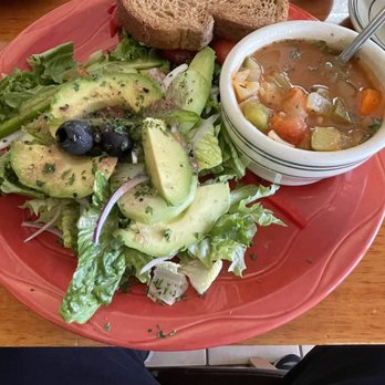 Soups & Such Cafe' - Half sandwich (veggie), cup of soup (farm green), and salad with avocado - Sandwiches Near Me - Julian, California Soups & Such Cafe' - Half sandwich (veggie), cup of soup (farm green), and salad with avocado - Sandwiches Near Me - Julian, California