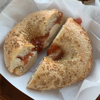 Laurel Street Bakery - Sesame bagel with cream cheese and strawberry jelly - Bakeries Near Me - New Orleans, Louisiana Laurel Street Bakery - Sesame bagel with cream cheese and strawberry jelly - Bakeries Near Me - New Orleans, Louisiana