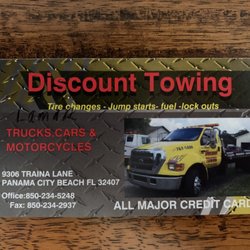 Discount Towing & Recovery LLC - Business card provided to me (Side 2, Panama City Beach location).  Lamar was the driver called out, he is from the Panama City location.