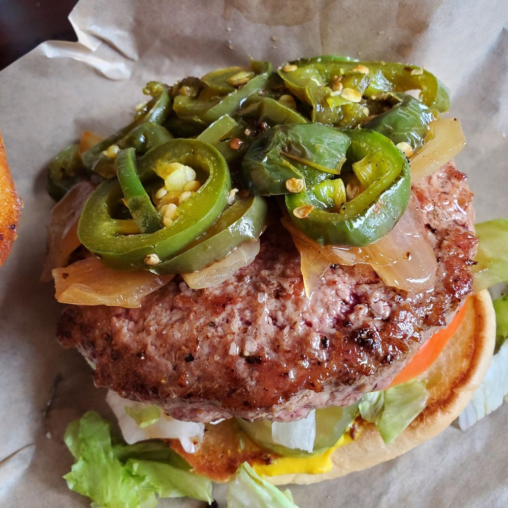 Fred's Texas Cafe - Western Center - Fred Burger, add grilled onions and jalapeno - Burgers Near Me - Fort Worth, Texas Fred's Texas Cafe - Western Center - Fred Burger, add grilled onions and jalapeno - Burgers Near Me - Fort Worth, Texas