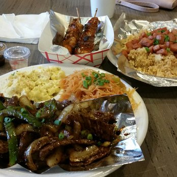 Marianas Grinds - Pork and chicken BBQ sticks. Spam fried rice. Pepper steak with island style mac salad and pancit. - Hawaiian Near Me - Jacksonville, Florida