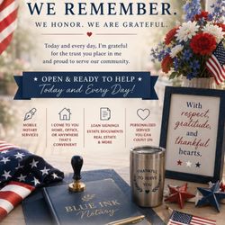 Blue Ink Mobile Notary and Loan Signing - Open for those last minute signings needed on this Memorial Day. Happy to help!