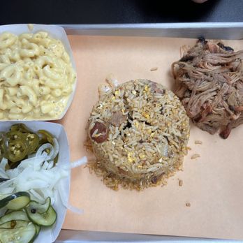 Brisket & Rice - Mac and cheese, brisket fried rice, sausage. - Barbeque Near Me - Houston, Texas