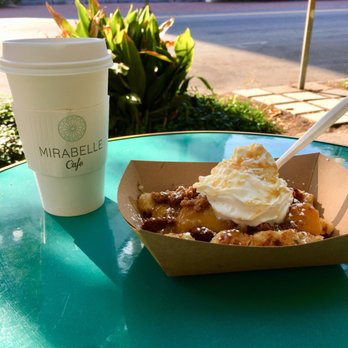 Mirabelle Savannah - Georgia Peach Cobbler (if your a fan of caramelized pecans or cinnamon streusel get this!) - Coffee & Tea Near Me - Savannah, Georgia Mirabelle Savannah - Georgia Peach Cobbler (if your a fan of caramelized pecans or cinnamon streusel get this!) - Coffee & Tea Near Me - Savannah, Georgia