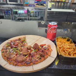Carom Billiards - Pizza and fries with a coke at the front bar