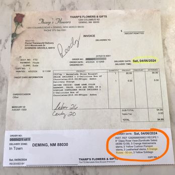 Tharp's Flowers - Tharp's order with clear directions for what should have been included in the bouquet. - Florists Near Me - Deming, New Mexico