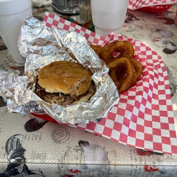 270 Diner - a hamburger and onion rings on a table - Donuts Near Me - Mt Ida, Arkansas