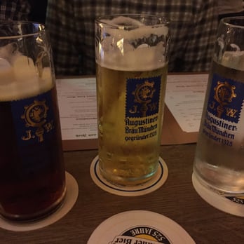 Augustiner-Keller - Dunkel left, helles muddle, boring water right. - Bavarian Near Me - Munich, BY Augustiner-Keller - Dunkel left, helles muddle, boring water right. - Bavarian Near Me - Munich, BY