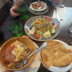 Ariston Hellenic Restaurant - Moussaka, appetizer plate and pita bread