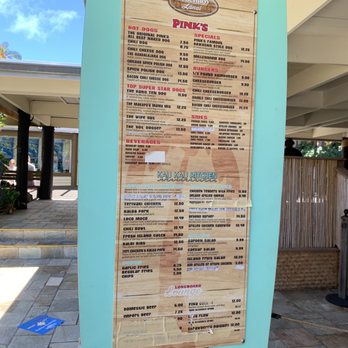 Pink's Hot Dogs - a menu on a surfboard - Hot Dogs Near Me - Waimanalo, Hawaii