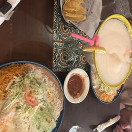 Enchiladas Culiacan, gigantic frozen margarita, complimentary chips and salsa.