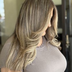 Freshly retouched balayage and blowout. Perfect summer tones