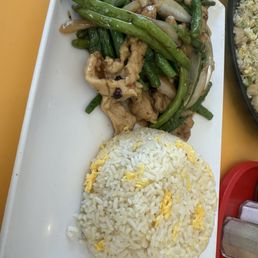 String Beans with Chicken, and fried rice.