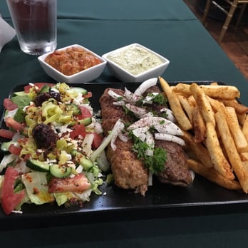 Tonir Cafe - Chicken & beef combo with French fries & Greek salad, eggplant and jalapeño hummus - Mediterranean Near Me - Burbank, California Tonir Cafe - Chicken & beef combo with French fries & Greek salad, eggplant and jalapeño hummus - Mediterranean Near Me - Burbank, California