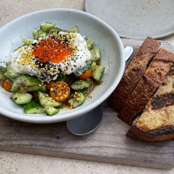 Manuela - Burrata, Persian Cucumber, Cherry Tomatoes, Smoked Trout Roe, Urfa Vinaigrette, Polenta Toast - New American Near Me - Los Angeles, California Manuela - Burrata, Persian Cucumber, Cherry Tomatoes, Smoked Trout Roe, Urfa Vinaigrette, Polenta Toast - New American Near Me - Los Angeles, California