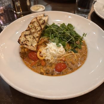 Wild Sage Bistro - creole bucatini imported italian bucatini pasta | creole cream | house andouille | bell pepper | tomato | burrata | grilled baguette - New American Near Me - Spokane, Washington