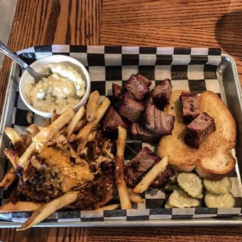 Burnt End BBQ - Burnt ends with chili cheese fries, white cheddar grits and Texas toast. - Barbeque Near Me - De Soto, Kansas