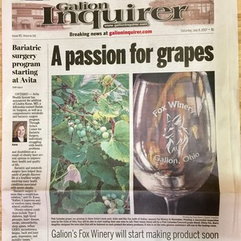 Fox Winery - Made the front page of the Galion Inquirer! - Wine Bars Near Me - Galion, Ohio