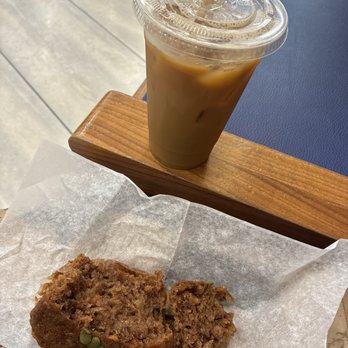 Birch Coffee - Cold brew with hazelnut and a splash of oat milk and a carrot cake muffin. - Coffee & Tea Near Me - New York, New York
