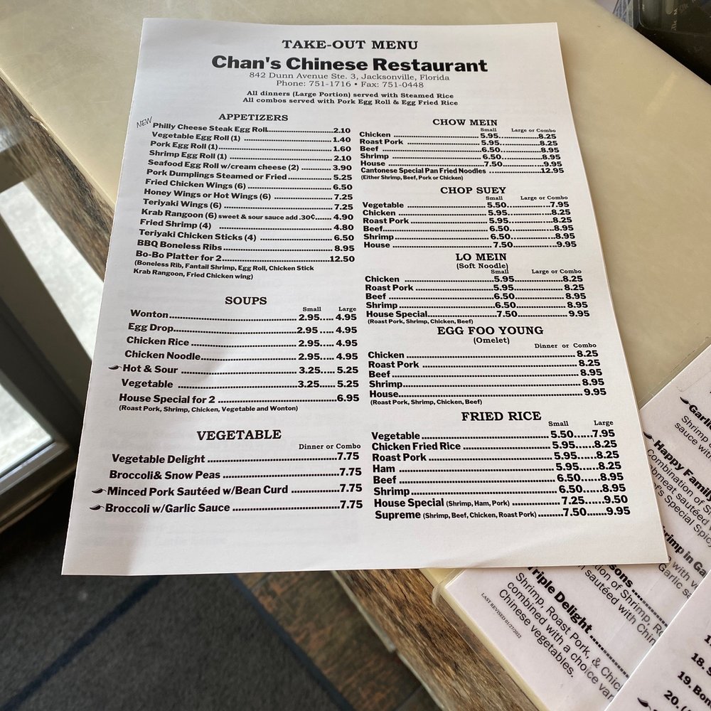 Chan's Chinese Restaurant - a menu on a table - Chinese Near Me - Jacksonville, Florida