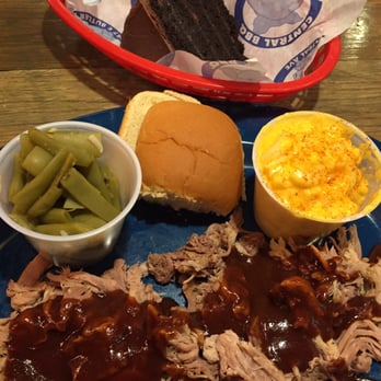 Central BBQ - Pulled pork plate with green beans and Mac n cheese!  Don't forget the chocolate cake... - Barbeque Near Me - Memphis, Tennessee