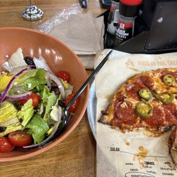 Blaze Pizza - Greek side salad and Spicy Pepperoni Pizza - Pizza Near Me - Brentwood, Tennessee