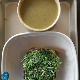 Bowl of Sweet Pea and Asparagus (V, GF) and Smashed Avocado with gluten-free Multigrain Bread (V, GF)
