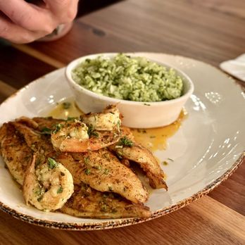Haywire - Blackened Catfish & Gulf Shrimp w andouille butter, side sub Chimichurri Rice $26.95 - New American Near Me - Austin, Texas