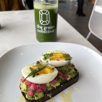 Green Collective Eatery  - Avocado Toast and Emerald Juice in recyclable bottle. - Breakfast & Brunch Near Me - Denver, Colorado