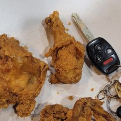KFC - Part of our dried up chicken, look at the size of the chicken compared to the key!
