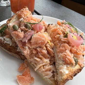 Wood - Smoked Ora King Salmon Toast - Bars Near Me - Chicago, Illinois Wood - Smoked Ora King Salmon Toast - Bars Near Me - Chicago, Illinois