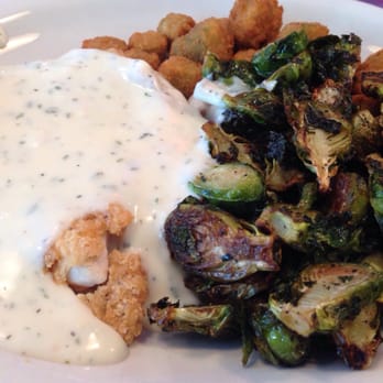 Luckys Cafe - Chicken fried chicken with Brussels sprouts and fried okra - American Near Me - Dallas, Texas Luckys Cafe - Chicken fried chicken with Brussels sprouts and fried okra - American Near Me - Dallas, Texas