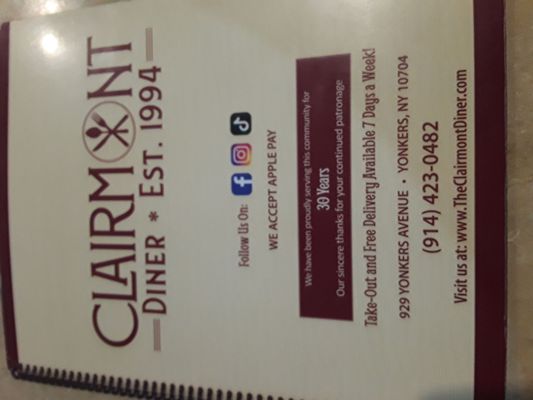 Menu photo 2 Clairmont Diner Yonkers, NY Menu photo 2 Clairmont Diner Yonkers, NY