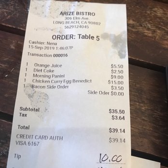 Arize Bistro - Recipe price - Breakfast & Brunch Near Me - Long Beach, California
