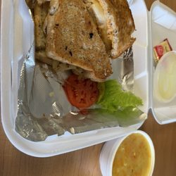 Traditions Restaurant & Bakery - Grilled Rachel Hot Sandwich with sauerkraut and Chicken Corn Rivel Soup