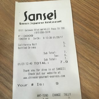 Sansei Japanese Restaurant - the receipt for the restaurant - Japanese Near Me - El Paso, Texas Sansei Japanese Restaurant - the receipt for the restaurant - Japanese Near Me - El Paso, Texas